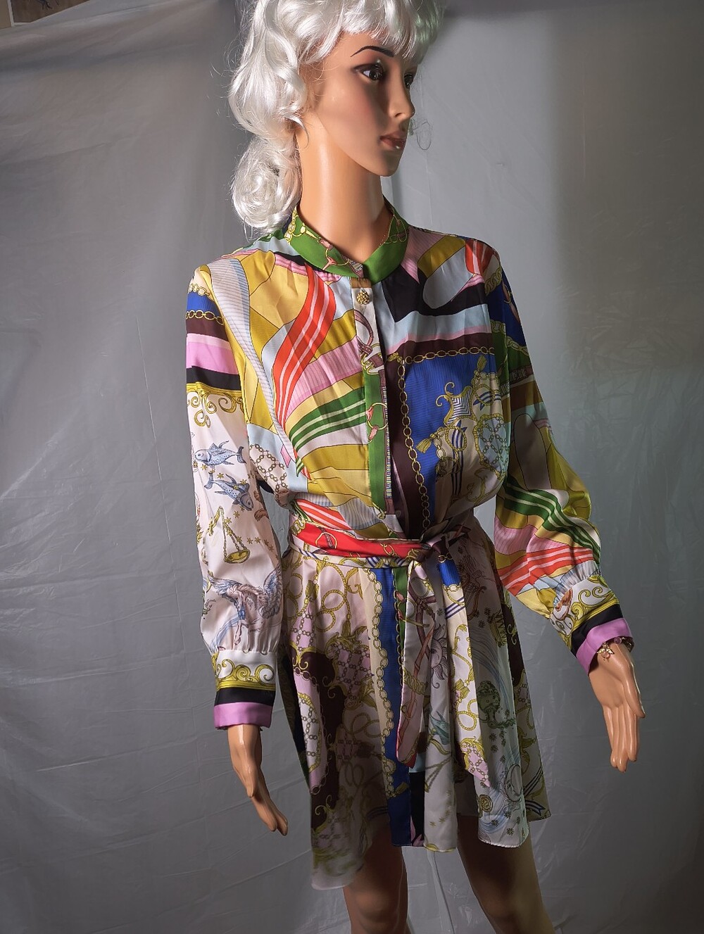 Zara Multicolor Scarf Print Belted Shirt Dress Women's XL Baroque Chain